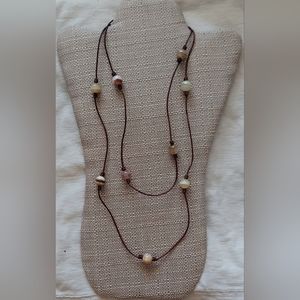 Handmade Natural Colored Bead & Brown Leather Necklace